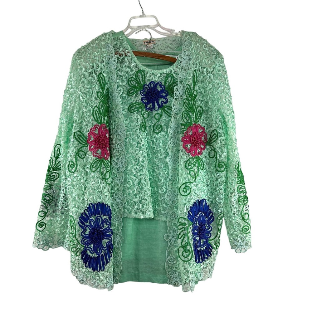 Frenchic 3pc Suit Size 14 Mint Lace Embroidered Jacket Shell‎ Skirt Church FLAW